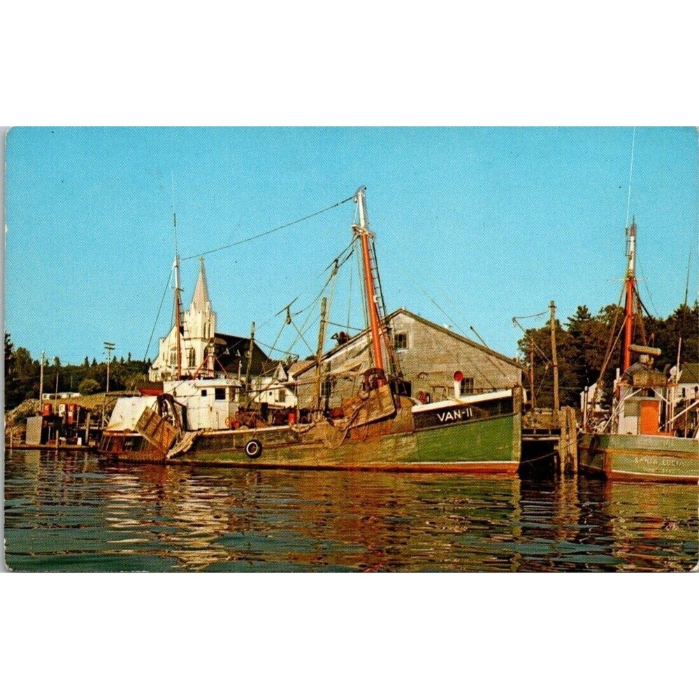 Vintage Postcard Boothbay Harbor Maine Fishing Draggers Church Lyman Owen Chrome